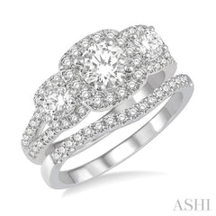 Round Shape Past Present & Future Halo Diamond Wedding Set