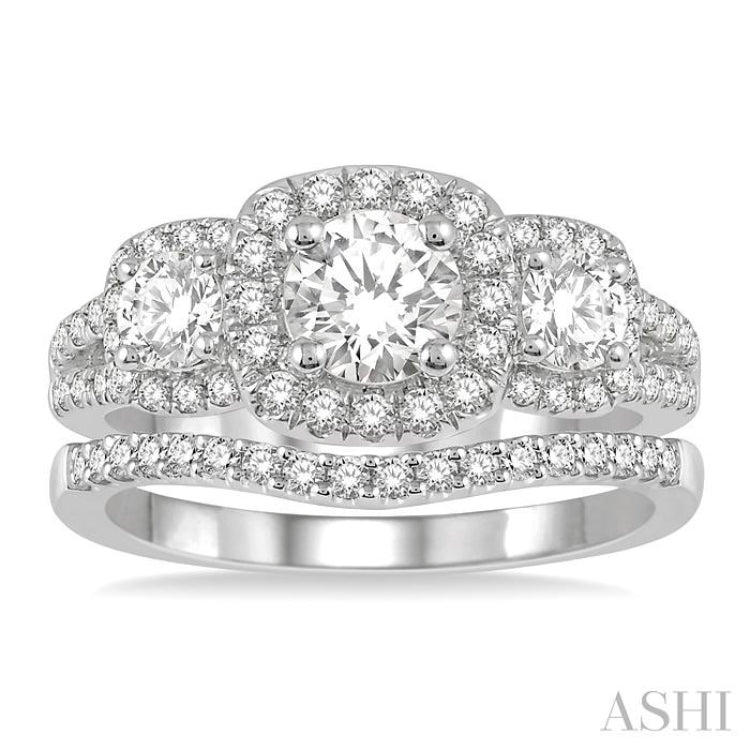 Round Shape Past Present & Future Halo Diamond Wedding Set