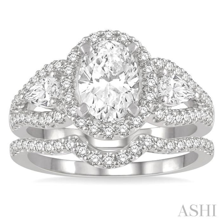 Oval Shape 3 Stone Halo Diamond Wedding Set