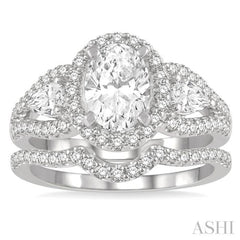 Oval Shape 3 Stone Halo Diamond Wedding Set