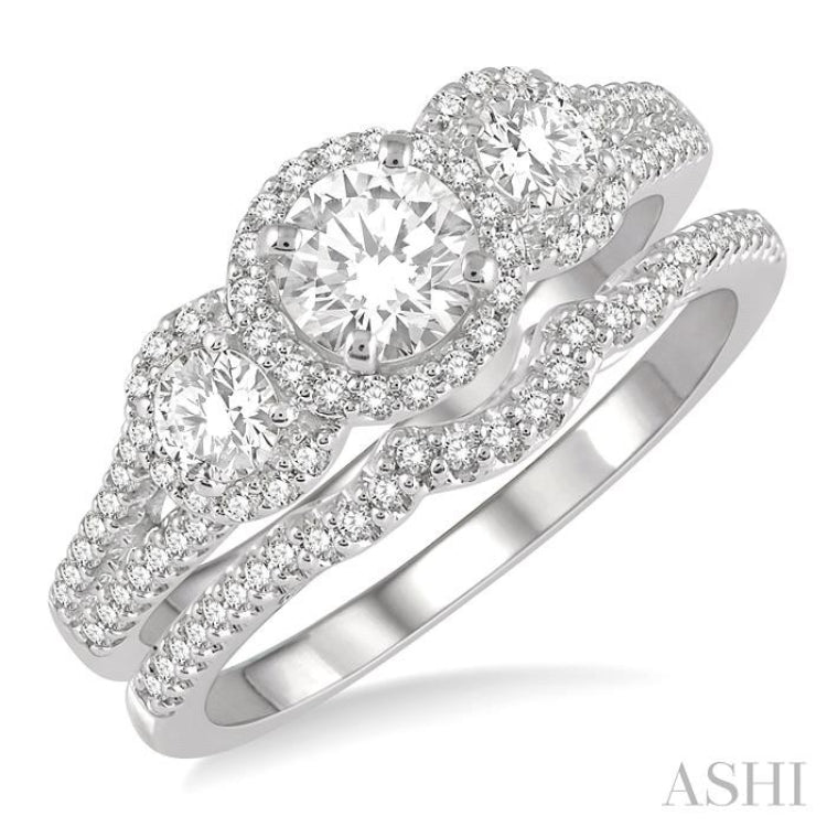 Round Shape Past Present & Future Halo Diamond Wedding Set