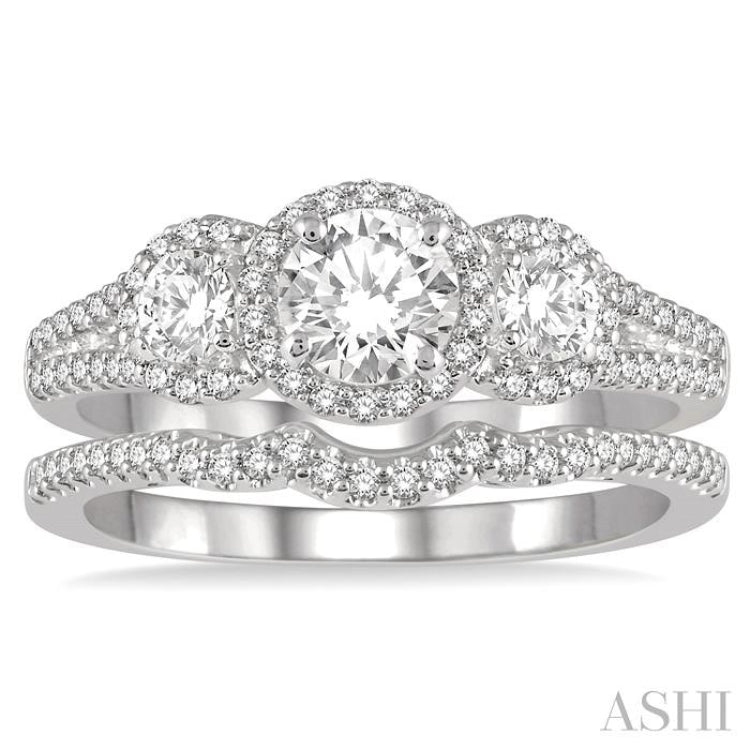 Round Shape Past Present & Future Halo Diamond Wedding Set