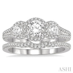 Round Shape Past Present & Future Halo Diamond Wedding Set