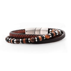 Brown Full Grain Cowhide Leather With Black Onyx,Tiger'S Eye & Piccaso Jasper Stone Bead Multi-Strand Bracelet