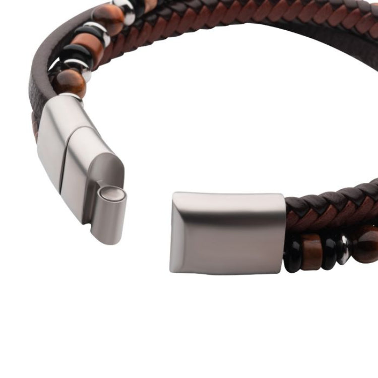 Brown Full Grain Cowhide Leather With Black Onyx,Tiger'S Eye & Piccaso Jasper Stone Bead Multi-Strand Bracelet