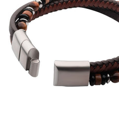 Brown Full Grain Cowhide Leather With Black Onyx,Tiger'S Eye & Piccaso Jasper Stone Bead Multi-Strand Bracelet