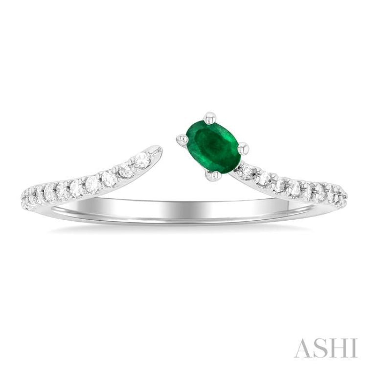 4X3 MM Oval Cut Emerald and 1/10 Ctw Petite Round Cut Diamond Precious Fashion Ring in 10K White Gold