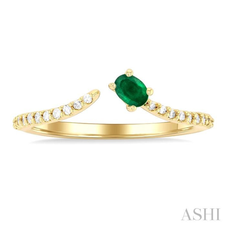 4X3 MM Oval Cut Emerald and 1/10 Ctw Petite Round Cut Diamond Precious Fashion Ring in 10K Yellow Gold