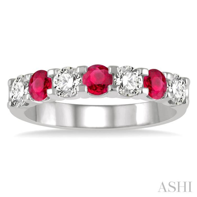 3.3 MM Ruby and 1/2 Ctw Round Cut Diamond Precious Wedding Band in 14K White Gold