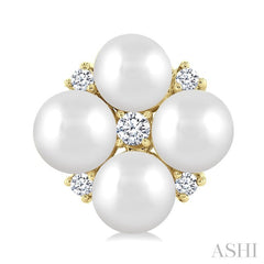 4 MM Round Shape Floral Cultured Pearls and 1/10 Ctw Round Cut Diamond Fashion Stud Earrings in 10K Yellow Gold