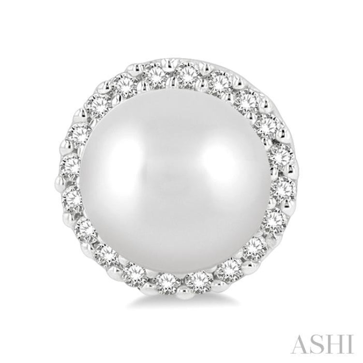 5.5 MM Round Shape Cultured Pearls and 1/8 Ctw Petite Round Cut Diamond Halo Fashion Stud Earrings in 10K White Gold