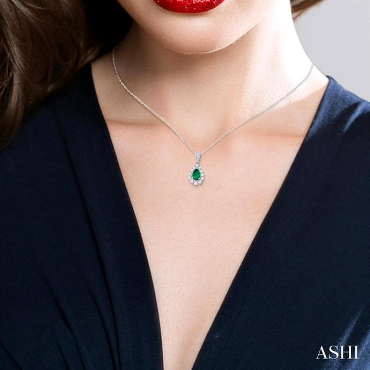 6X4 MM Pear Cut Emerald and 1/4 Ctw Round Cut Diamond Precious Pendant With Chain in 14K White Gold