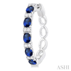 4X3 MM Oval Cut Sapphire and 1/4 Ctw Round Cut Diamond Precious Hoop Earring in 14K White Gold