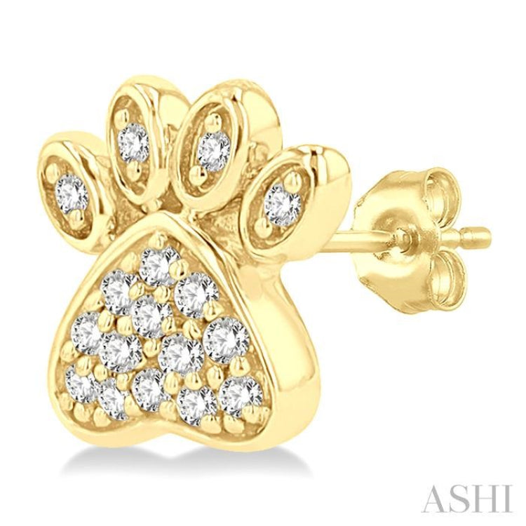 1/8 Ctw Petite Dog Paw Round Cut Diamond Fashion Stud Earring in 10K Yellow Gold