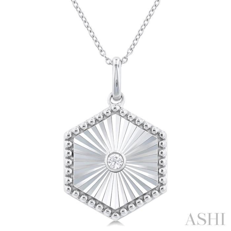 Silver Hexagon Shape Fluted Medallion Diamond Pendant