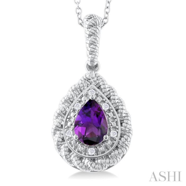 Silver Pear Shape Gemstone & Diamond Pendant