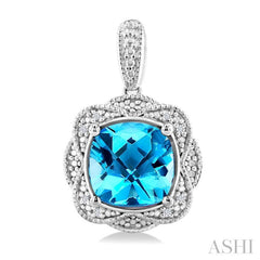 8X8 MM Cushion Shape Blue Topaz and 1/20 Ctw Round Cut Diamond Semi-Precious Earrings in Sterling Silver