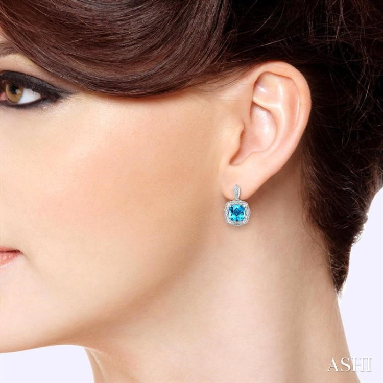 8X8 MM Cushion Shape Blue Topaz and 1/20 Ctw Round Cut Diamond Semi-Precious Earring in Sterling Silver