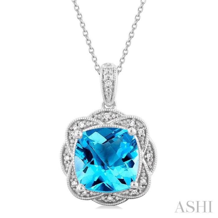 Silver Cushion Shape Gemstone & Diamond Pendant