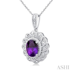 Silver Oval Shape Gemstone & Diamond Pendant