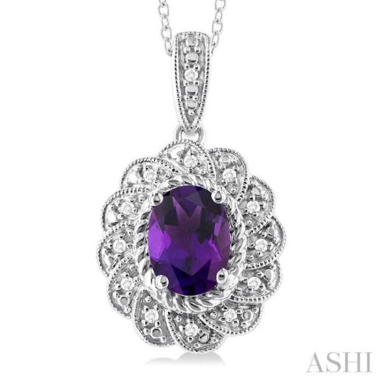 Silver Oval Shape Gemstone & Diamond Pendant