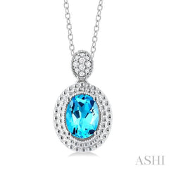 Silver Oval Shape Gemstone & Diamond Pendant