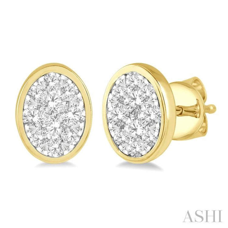 1/2 Ctw Oval Shape Lovebright Round Cut Diamond Bezel Stud Earrings in 14K Yellow and White Gold