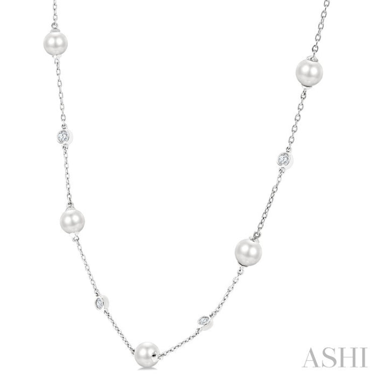 5 MM Round Shape Cultured Pearl and 1/4 Ctw Round Cut Diamond Station Necklace in 14K White Gold