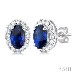 Oval Shape Gemstone & Halo Diamond Earrings