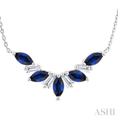 5x2.5 MM Marquise Cut Sapphire and 1/6 Ctw Baguette Cut Diamond Precious Gemstone Necklace in 14K White Gold