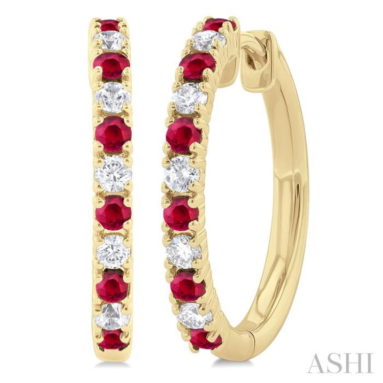 1.80 MM Round Shape Ruby and 1/4 Ctw Round Cut Diamond Precious Hoop Earring in 10K Yellow Gold