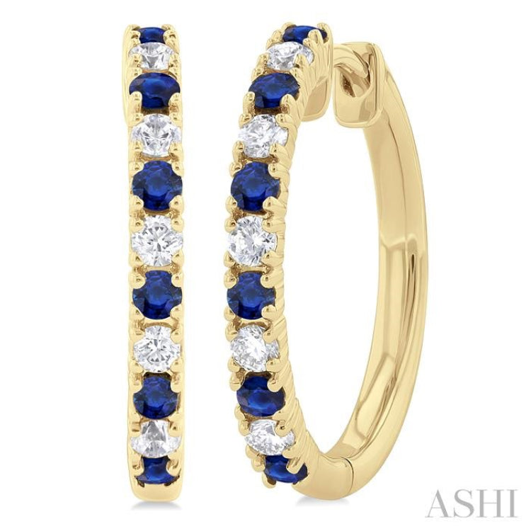 1.80 MM Round Shape Sapphire and 1/4 Ctw Round Cut Diamond Precious Hoop Earrings in 10K Yellow Gold