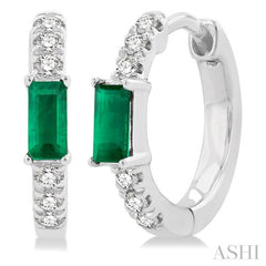 Emerald Shape Gemstone & Petite Diamond Huggie Fashion Earrings