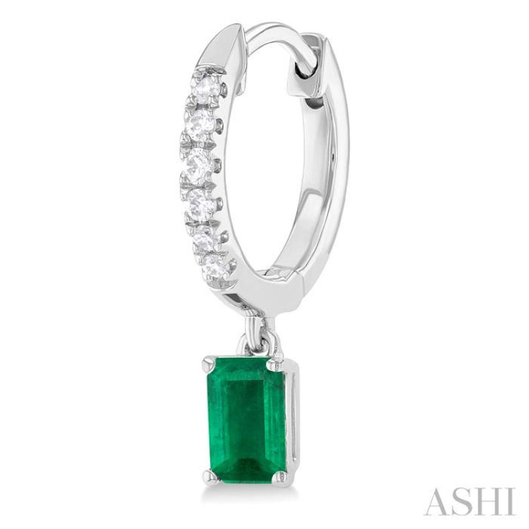 5x3 MM Emerald Cut Emerald and 1/8 Ctw Round Cut Diamond Precious Petite Fashion Huggies in 10K White Gold