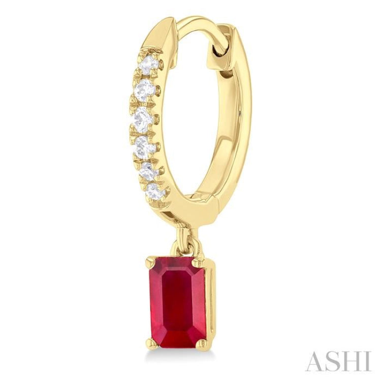 5x3 MM Emerald Cut Drop Ruby and 1/8 Ctw Petite Round Cut Diamond Precious Fashion Huggies in 10K Yellow Gold