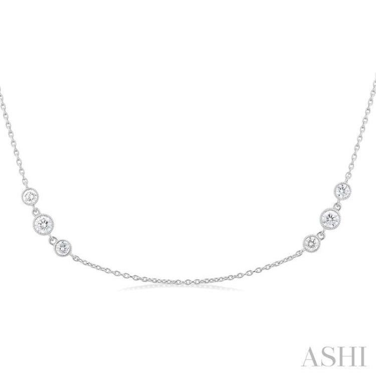 3/4 Ctw Three Stone Bezel Set Round Cut Diamond Station Necklace in 14K White Gold