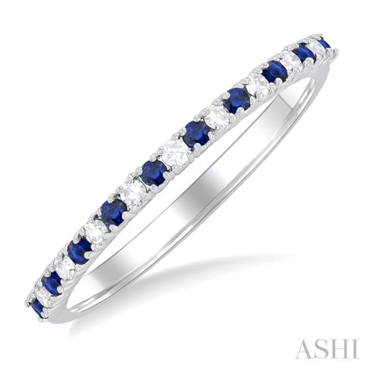 1.35 MM Round Shape Sapphire and 1/10 Ctw Petite Round Cut Diamond Precious Stack Band in 10K White Gold