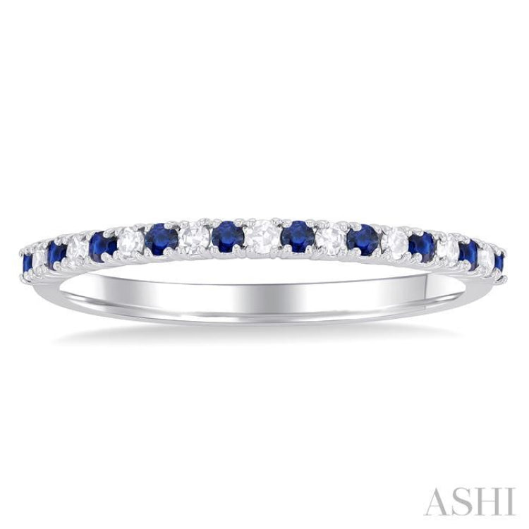 1.35 MM Round Shape Sapphire and 1/10 Ctw Petite Round Cut Diamond Precious Stack Band in 10K White Gold