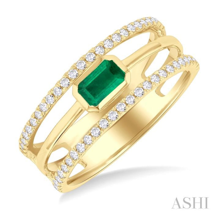 5x3 MM East- West Emerald and 1/4 Ctw Single Cut Diamond Triple Split Precious Ring in 10K Yellow Gold