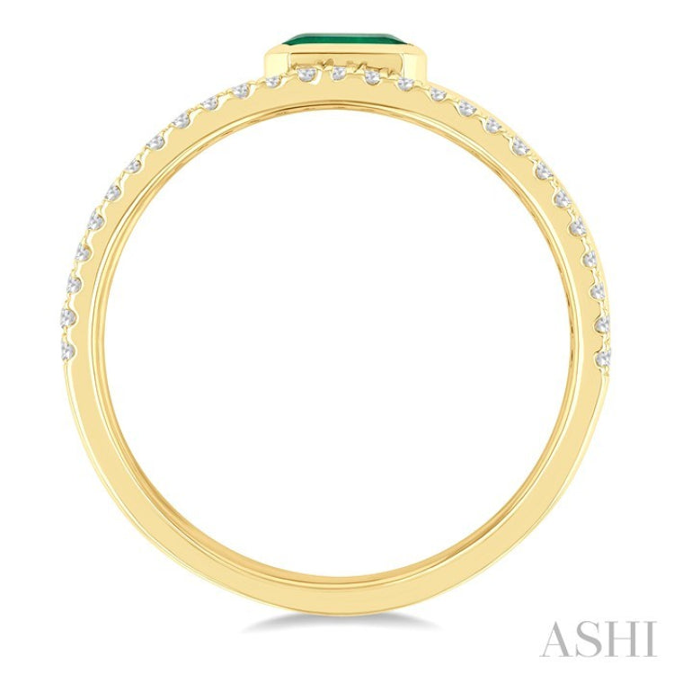 5x3 MM East- West Emerald and 1/4 Ctw Round Cut Diamond Triple Split Precious Ring in 10K Yellow Gold