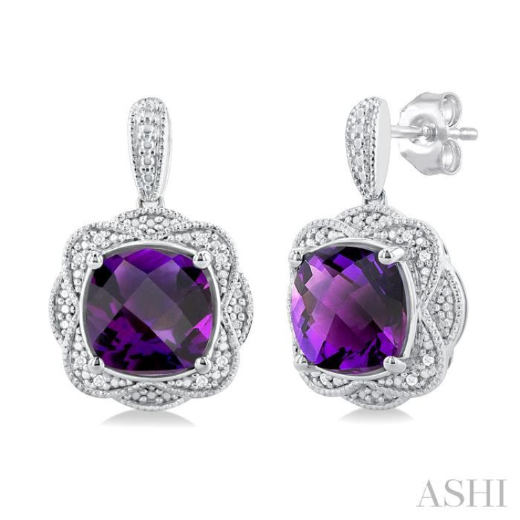 Silver Cushion Shape Gemstone & Diamond Earrings