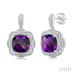 Silver Cushion Shape Gemstone & Diamond Earrings