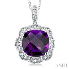 Silver Cushion Shape Gemstone & Diamond Pendant