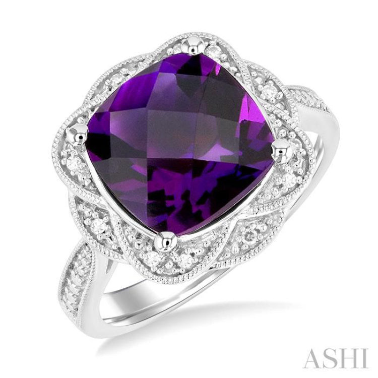 Silver Cushion Shape Gemstone & Diamond Ring