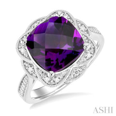 Silver Cushion Shape Gemstone & Diamond Ring