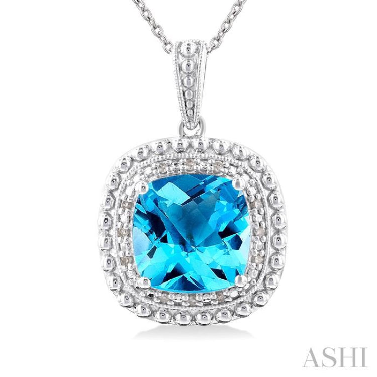 Silver Cushion Shape Gemstone & Diamond Pendant