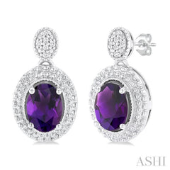 Silver Oval Shape Gemstone & Diamond Earrings