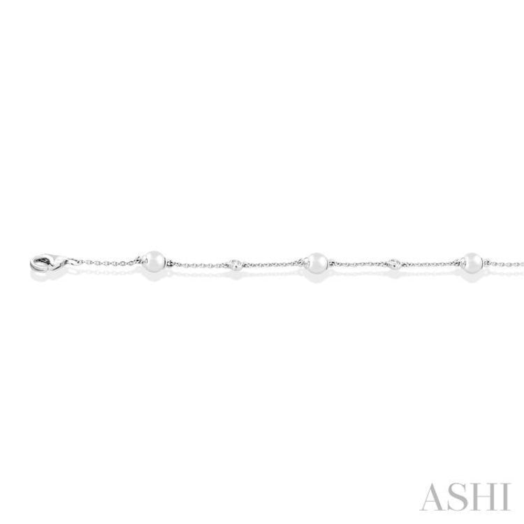 4 MM Round Shape Cultured Pearl and 1/20 Ctw Round Cut Diamond Fashion Station Bracelet in 14K White Gold