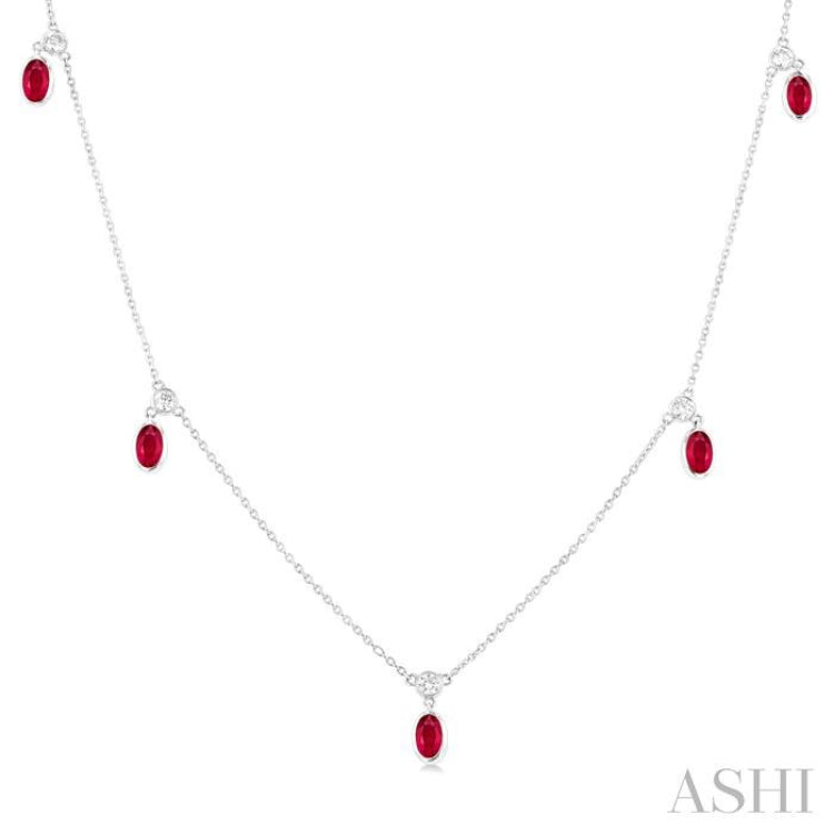 Oval Shape Gemstone & Diamond Station Necklace