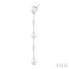 1/10 ctw Cultured Pearls 5 MM  and Round Cut Diamond Station Long Earring in 14K White Gold